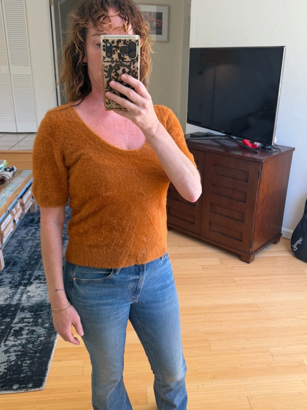 Anthropologie Maeve Fuzzy Scoop-Neck Sweater in Rust